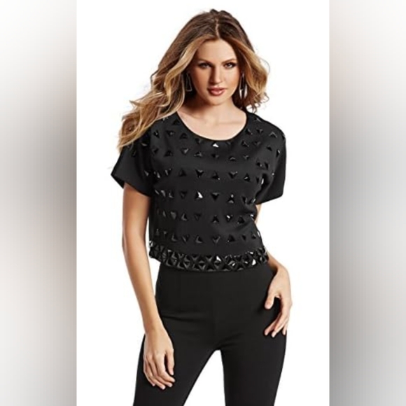 Marciano Black Beaded Scuba Style Short Sleeve Crop Top - Picture 1 of 12